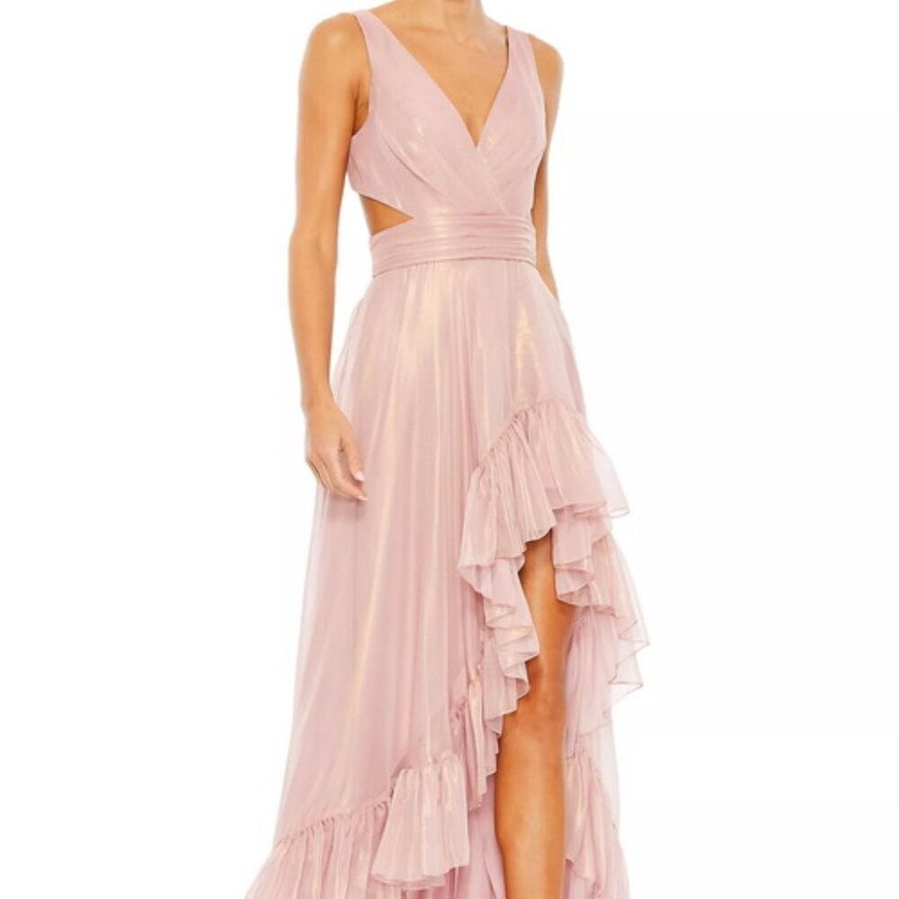 Mac Duggal Rose Gold Metallic Cascade Detail Cut Out A-Line Gown